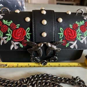 pinko Embroidered Black Bag with Red Roses